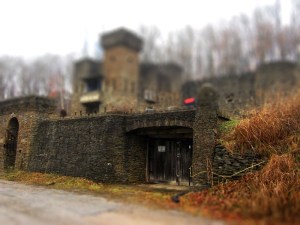 The front gate to a castle sits closed. The castle structure rises in the background.