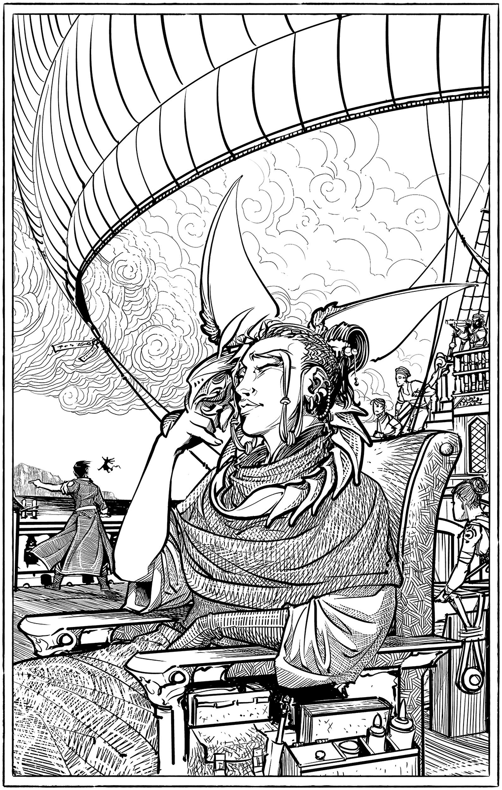 In the foreground, a young woman sits in a chair aboard a sailing ship. She is reaching up to scratch under the chin of a winged creature with an exoskeleton body, which is draped around her shoulders. In the background, sailors move about and a man is seen at the ship railing, gesturing to a small humanoid creature that is hovering in the air.
