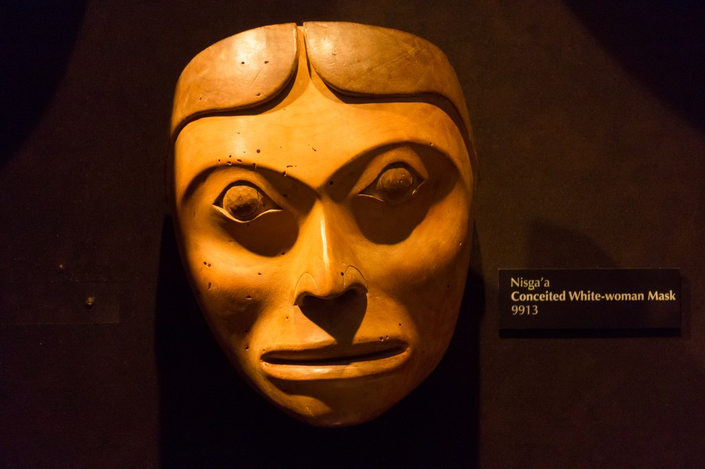 A Nisga'a carved mask. The museum description: Conceited White-woman Mask.